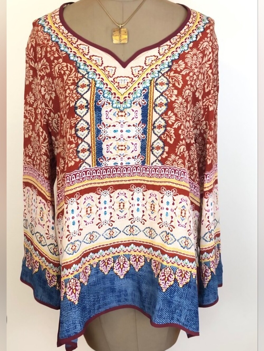 Love Kyla Colorful Border-Print Bohemian Rust Floral V-Neck Tunic Top Large